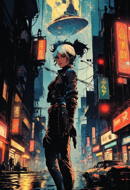 a futuristic cyberpunk city at night, glowing neon lights reflecting off rainy streets,
a badass 80s-style anime heroine stands in the foreground, she has wild hair, a sleek metallic bodysuit with glowing accents, and a high-tech visor over one eye. she is holding a retro_futuristic laser pistol, looking back and smirking confidently. behind her, a hovering motorcycle hums with electric energy, and a giant holographic ad flickers above the cityscape.
VHS anime aesthetics, over saturated color palette