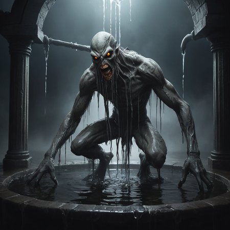 high quality, masterpiece, emaciated pale skinned monster crawling out of a simple water well, enveloped by dark mist, dripping slime, shiny oiled skin, elaborate fantasy style art, intricate details, ultra sharp, backlit, exquisite detail, flawless composition <lora:Evil:0.8> evilrealm