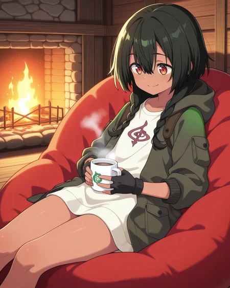 three quarter view, <lora:[illuXL] Anosillus (seaturtle001):0.6> 1girl, solo, kaijuu shoujo anosillus, black hair, red eyes, dark-skinned female, long hair, fingerless gloves, black gloves, shirt, long sleeves, jacket, open clothes, sitting, on bean bag chair, log cabin, indoors, fireplace, smile, hood down, hands on stomach, leaning back, holding coffee mug, steam,, masterpiece, best quality, amazing quality,