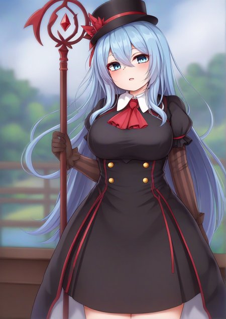 1girl,ascot, black dress, black headwear, blue eyes, blue hair, blue sky, bow, breasts, brown gloves, day, detached sleeves, dress, gloves, hair between eyes, hat, holding, holding staff, long hair, looking at viewer, looking to the side, medium breasts, mini hat, mini top hat, outdoors, parted lips, puffy short sleeves, puffy sleeves, railing, red ascot, red bow, short sleeves, sky, solo, spirit, staff, striped sleeves, tilted headwear, top hat, tree,zPDXL3 <lora:mapar:1>