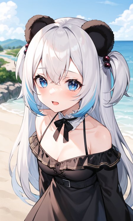 (masterpiece:1.2), best quality, masterpiece,1girl,Dutch angle, from above, perspective, multicolored_hair, blue_eyes, <lora:liDoushaPSP_doushaV05:1>, panda_ears, bangs, bare_shoulders, bear_ears, blue_eyes, blue_sky, blurry_background, blush,cloud, day, depth_of_field, hair_bobbles, hair_ornament, holding, long_hair, looking_at_viewer, multicolored_hair,  outdoors, sky, solo, close mouth,