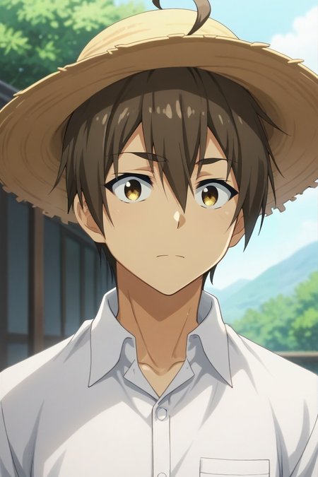 score_9, score_8_up, score_7_up, source_anime, rating_safe, , (realistic:0.6), , depth of field, 1boy, solo, male focus, <lora:hideki_nishimura_pony:0.88>, hideki_nishimura, brown hair, brown eyes, short hair, hair between eyes, ahoge, straight-on, fuji mountain, day, legs together, nervous, dress shirt, straw hat, <lora:sdxl_lightning_8step_lora:1>