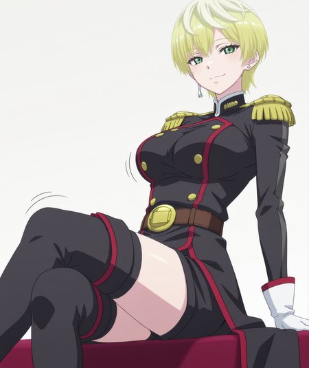official art, absurdres, highres, hi res, best quality, masterpiece, 2d, intricate details, 4k, anime coloring,
1girl, solo, female, eyelashes, nose, short hair, blonde hair, jewelry, green eyes, earrings,
thighhighs, gloves, shorts, belt, white gloves, uniform, military, military uniform, epaulettes, black jacket, jacket,
boots, thigh boots, black thighhighs, black footwear,
cowboy shot, looking at viewer, sitting, crossed legs, arm support, jiggle, contrapposto,
depth of field, white background, gradient background, <lora:Tenka_Izumo_ILXL:1>, izumo tenka, mato seihei no slave,