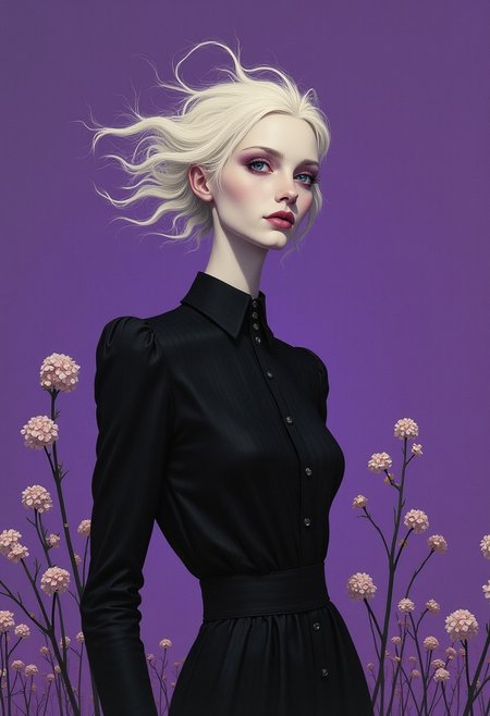 
She was beautiful, gaunt and elegant. Her face was long and pale, her eyes were pale, small and close beside her long nose; she had prominent front teeth; her hair was an unruly shock of white tufts. She habitually wore a tight and threadbare suit of black twill with black stockings and black shoes, in unkind contrast to her pale skin and white hair. Her arms and legs were lank. She projected authority, a fierce character, unfilled love promises and a deep love of the past.
