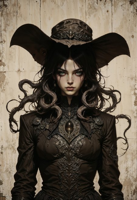 a sepia-toned, gothic-style portrait featuring a mysterious figure. The subject is a person with pale skin, wearing a dark, intricately detailed coat with a high collar. Their face is partially obscured by shadow, with striking, glowing eyes that stand out against the monochrome palette. The person wears a large, worn-out hat with a wide brim, adding to the enigmatic appearance. Long, dark hair cascades down, intertwined with tentacle-like appendages that emerge from beneath the hat, creating a surreal and eerie effect. The background is textured, enhancing the vintage and haunting atmosphere of the image.