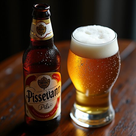 A hyper-realistic, close-up scene of a freshly opened beer bottle and a filled beer glass on a dark, polished wooden table. The bottle is labeled 'Pissevann Pils' written in italic 
'U-RHINE' with a sleek, gold, white, and red label design that exudes classic European brewery vibes. Small droplets of condensation cover the bottle, reflecting light and giving it a cold, freshly-pulled-from-the-fridge look. The glass next to it is a rounded, stemmed beer glass, filled with a rich amber-colored pilsner that has a slight, subtle gradient from golden at the top to deeper amber at the bottom. A thick, creamy foam head rises above the rim of the glass, with tiny bubbles dispersed through the foam, adding to the refreshing appeal.