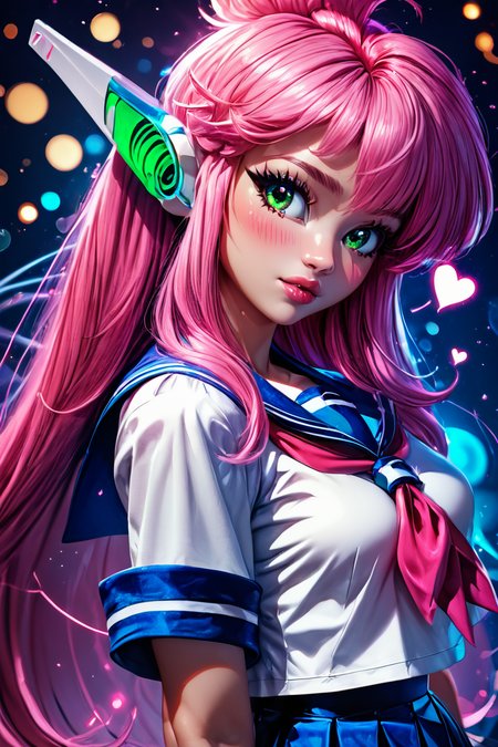 score_9, score_8_up, score_8, medium breasts, (curvy), cute, eyelashes,       BREAK, , zzNukuNuku, green eyes, pink hair, long hair, robot ears, school uniform, serafuku, blue skirt, white shirt, <lora:NukuNuku_PDXL:0.8>, , BREAK,  (ultra realistic,32k, masterpiece:1.2),(high detailed skin:1.1),( high quality:1.1), curvy, head tilt, hearts, blush, lips, curvy, head tilt, shiny clothes, (upper body), looking at viewer, bokeh, luminescent background,  embedding:zPDXL, Expressiveh,  <lora:RlAnmPDXL:1.0>,