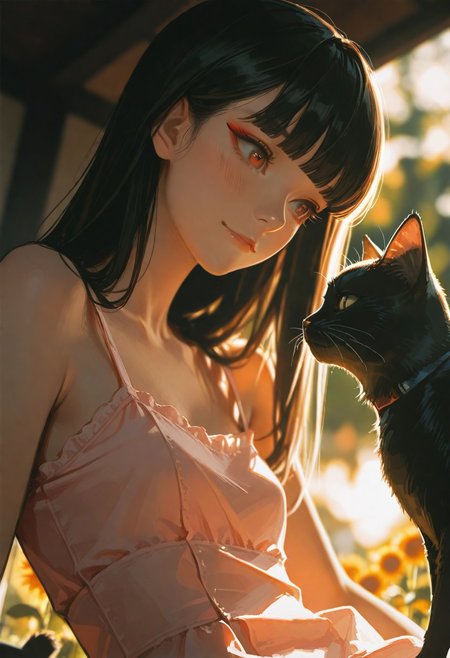 masterpiece, ultra-HD, cinematic lighting, photorealistic, impressionism (1.5), high detail, depth of field, (blurred background), (dramatic lighting),masterpiece, best quality, very aesthetic,8k,masterpiece, best quality,realistic, masterpiece, best quality, 8k, 
, simple_background, , 
, half close-up, sexy pose, long black hair, straight hair,blunt bangs, red eye makeup,
blushing, asian girl, small head, pretty girl, korean girl, extacy on face,
((slim body)), (small breasts), Dynamic angle, Dynamic pose, sfw, portrait,
girl, pastel pink sundress, in a field of sunflowers. holding black cat. smiling. happy. sunset
