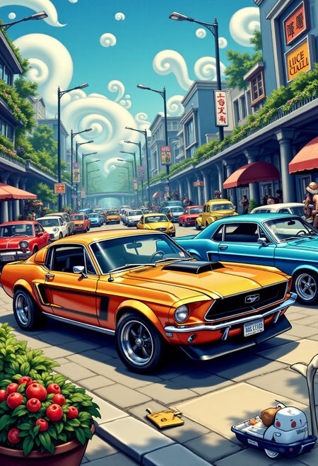 <lora:KFT_Curse_of_Dragons_Crown_Style_FLUX:1>
The image is a vibrant, digitally created kftfantasy illustration featuring   a car in a parkade