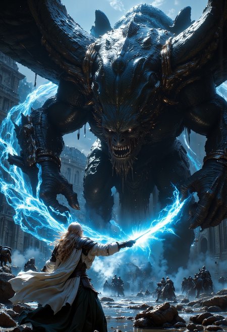Fantasy Realism, mesmerizing HDR highly detailed digital art, full-body portrait of an epic battle between two sides looking at each other, on the left side a beautiful focused blonde 20-year old female mage throwing blue ice magic wearing white satin robe and boots, on the right side 1 big scary winged demon lord flying, the mage's blue ice magic is pushing the demon lord back, outside ancient ruins background, clouds, Cinematic style, Beauty, Realism, Photorealism, Chiaroscuro, High quality, digital illustration, bosstyle, mythp0rt, high action pose, perfect pupils, insanely detailed faces, correct digits, realistic skin, intricately detailed, film grain, HD, 8k, volumetric lighting, clear volumetric lighting, perfect eyes, perfect pupils, expressive eyes