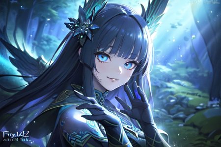 (masterpiece:1.4), 4K8K, (anime style), (high shutterspeed:1.4), (sharp edges), 
SyFyEye1, FanFo, 
femal angel  hands togather,  leaning foward, face focus, smile, closed mouth, 
wearing Celtic style dress, (Detailed face, Detailed eyes, Detailed lips), (solo), 
Fantastic Forest at fantasy night, Fantastic,