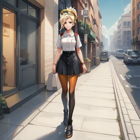 zPDXL2,score_9, score_8_up, score_7_up, score_6_up, score_5_up, score_4_up, source_anime, 1girl,Mercy \(Overwatch\)     ,cowboy shot, looking at viewer, smile, <lora:Sidewalk:0.7> s1dew4lk, building, sidewalk, next to street