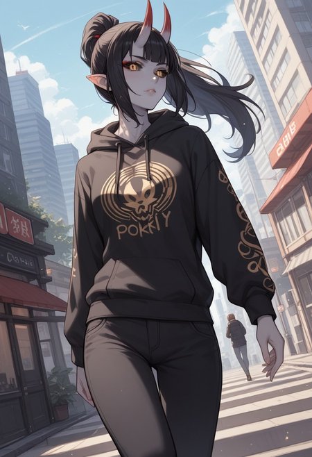 score_9, score_8_up, score_7_up, score_6_up, rating_questionable, 1girl, Polly, PollyRH, oni horns, pointy ears, colored sclera, third eye, black sclera, slit pupils, grey skin, long black hair, ponytail, gold eyes, HD32k, dynamic pose, aesthetic, perspective, solo, detailed, sensual look,  walking, black print hoodie, pants, city, angle shot, take away coffee, looking away, pensive