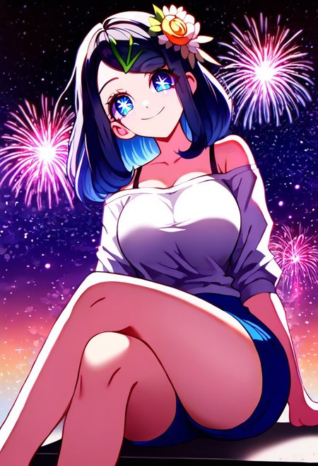 score_9, score_8_up, score_7_up,source_anime, jvdaniang, planet size, 1girl, Liko_(Pokemon), black_hair, blue_eyes, medium_hair, cowlick, hairclip, symbol-shaped pupils, eyelashes, hair flower, shirt, white shirt, collarbone, off shoulder, bra strap, shorts, blue shorts, large breasts, Surreal night scene, stars, sitting, floor, sitting on floor, bend over, crossed legs, looking down, in city, facial expression, kind, smile, head tilt, soft eyes, dreamlike atmosphere, fireworks, glowing edges, mystical, high contrast, ethereal light, side view, gl0w, glow, Extreme Size Difference, gradient eyes, beautiful detailed eyes, high gradient eyes, detailed eyes, high definition eyes, downward view, low-angle of viewer, low angle, left side position, growing even larger,