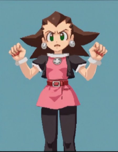zPDXL, score_9, score_8_up, score_7_up, source_anime, 1girl, solo,
<lora:RockLegend_v1:1> rcklgnd, tron bonne \(mega man\), brown hair, green eyes, pink dress, black jacket, black pantyhose, hair slicked back , giggling, victory pose,