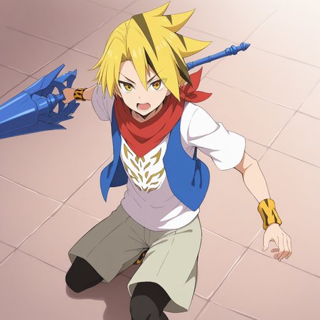 <lora:Noboru_Kodo>,noboru kodo,1boy,male focus,weapon,solo,shorts,vest,open mouth,scarf,grey shorts,shirt,looking at viewer,leggings,leggings under shorts,white t-shirt,(core gadget\(lance\):1.1),holding lance,holding weapon,wristband,single wristband,tiles,masterpiece,high score,great score,absurdres,