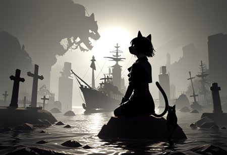 (masterpiece), (score_9, score_8_up, score_7_up,source_anime), 4K8K,
cat, focus. punk, 
(scope view, far view), (silhouette cat, black and white cat, tuxedo cat, solo), (solo:1.3), (sitting), scenery, 
(leather culottes),  (backlighting, silhouette:1.3), 
outdoors, (Viking Ship, graveyard, A battered ship that ran aground), 
<lora:harada_miyuki_style:1>
<lora:backlighting-000001:1>
