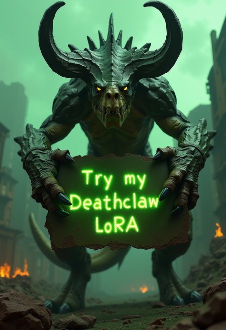 An epic, photorealistic scene of a towering Deathclaw in a desolate, apocalyptic Fallout wasteland. The creature's menacing gaze locks directly onto the viewer, its glowing eyes piercing through the toxic green haze. Two massive, curved horns frame its fearsome head, adding to its imposing presence. In its powerful claws, it holds a weathered metal sign etched with the words 'Try my Deathclaw LoRA' in a glowing, radioactive green font that pulses faintly. The background features crumbling buildings, jagged rocks, and a glowing nuclear sky, with scattered embers and smoke swirling around, amplifying the dramatic, post-apocalyptic atmosphere