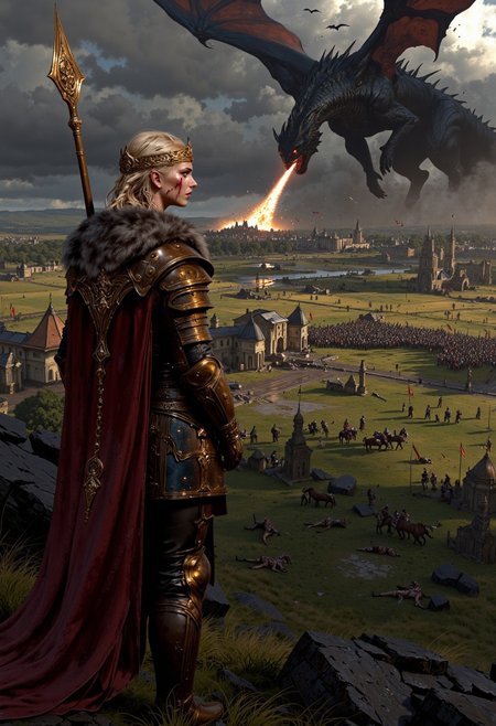 A full body shot of a beautiful blonde female Viking with long braided hair and blue eyes, she's wearing sexy leather armor, a winged tiara, and a tattered fur cloak, holding a large spear with flag on it, she's standing outside on a grassy hill, lots blood running down her face and armor, ((damaged armor:1.5)), in the background is a solemn battlefield,  fallen soldiers and horse lay slain across the ground, different broken flags burning, she's facing off against large dragon on its hind legs with its wing spread spitting fire onto the field, trebuchets and ballista's firing boulders at the dragon, (maximum ultra high definition image quality and rendering:3), maximum image detail, maximum realistic render, (((ultra realist style))), realist side lighting, 8K high definition, realist soft lighting, (amazing special effect:3.5), mythp0rt, (wincing face), clenched teeth, dramatic angle, back view