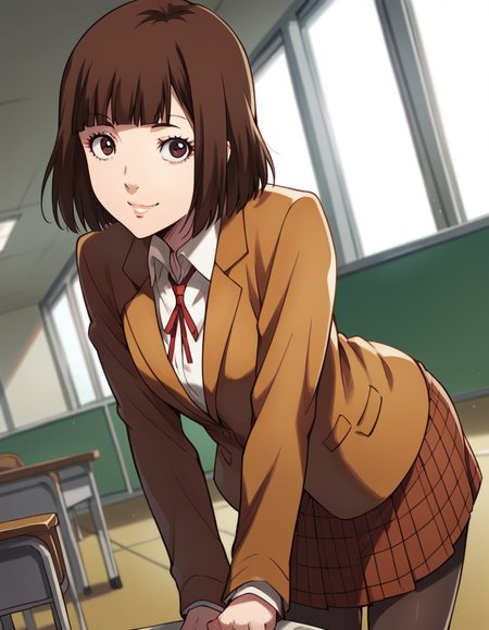 score_9, score_8_up, score_7_up, source_anime, <lora:chiyo-kurihara-s1-ponyxl-lora-nochekaiser:1>, chiyo kurihara, brown hair, brown eyes, short hair, bangs, blunt bangs,, skirt, school uniform, jacket, pantyhose, plaid, plaid skirt, blazer,, indoors, bent over, smile, looking at viewer, solo,, cowboy shot, dutch angle