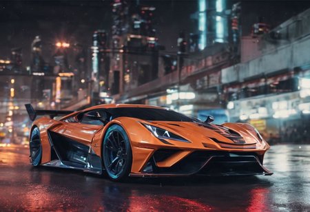 detailed super sport car, sharp edges, sharp focus, close-up, futuristic, <lora:Cbebop-background:1.5>, high quality, high resolution, art by Cain Kuga, night, breathtaking scenary,  high-tech,  cyberpunk, volumetric lighting, long exposure, speed effect, raining,