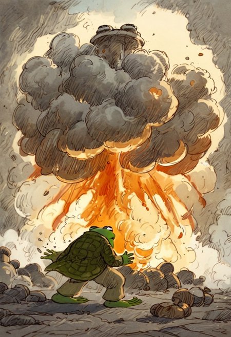 score_9, score_8_up, score_7_up, Frog and Toad, nuclear explosion, illustration by Lobel