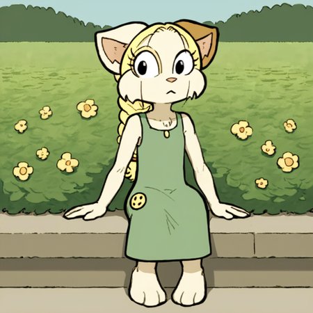 score_9, score_8_up, score_7_up, source_anime BREAK 
Tiffany, 1girl, solo, animal ears,blonde hair, furry female,cat, solo,outdoors,,sitting,two toned fur on ear,dress,detailed backround,natural light,shadow detail,front view
 <lora:Precocious:0.8>