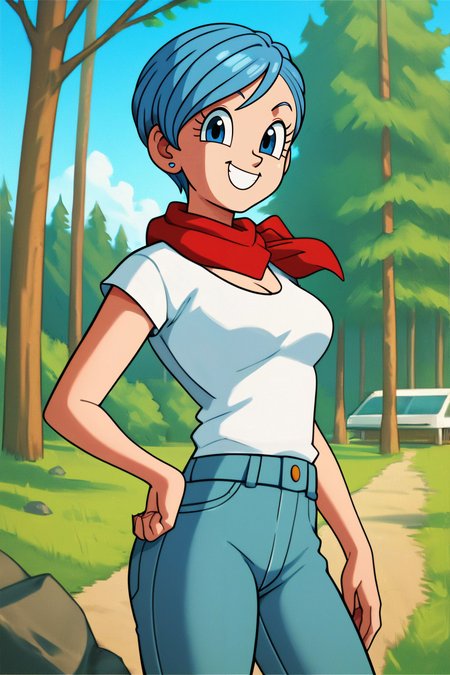 zPDXL3,<lora:OtherStyle_08:.8>
bulma, short blue hair, blue eyes, white shirt, medium breasts, red neckerchief, jeans, looking at viewer, smiling, standing, outside, backyard, blue sky, trees,  <lora:bulmaDBS_pony_v3:.5>