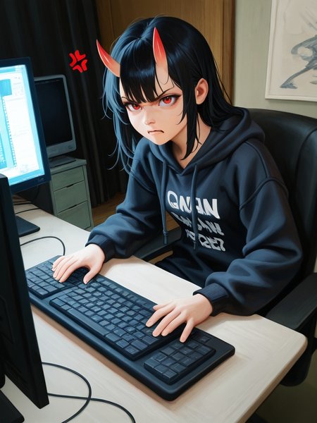 Best quality masterpiece,   Amazing very aesthetic absurdres newest embedding:my\ReaPnt1,       1girl, small breasts, oni horns, hoodie,  sitting in room, monitor, typing,  computer keyboard, angry, anger vein,   <lora:SPOl_10ep_4k>