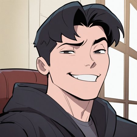 <lora:TIM_DRAKE-IL:1>tim_drake, solo, looking at viewer, smile, short hair, shirt, black hair, 1boy, jacket, twenty-something, upper body, male focus, teeth, indoors, hood, grin, black eyes, window, chair, hood down, portrait, meme, smirk, smug, raised eyebrow, curtained hair, sitting, black jacket, parted bangs, motion blur, film grain, abstract, natural lighting, fantasy, cinematic, dynamic, very awa, masterpiece, best quality, absurdres, newest, perfect quality, detailed background, intricate details, (artist:fl \(l-fl\):0.7), (artist:tooboshoo:0.7), (artist:dizdoodz:0.8)