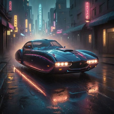 from front, d3c0pnuk, str34ml1n3 flying (1938 Phantom Corsair:1979 Citroen SM)  car, anti-grav, flying a meter above street, nowheels,   passing by fast, light speed, flash, (motion trail:1.5), motion blur, epic visual effects, interstellar, flow, detailed, scifi, star blast, dark vibrant colors, cosmic art, stars in background, cinematic scene, lens flare, god rays, glow, (best quality, 8K, high resolution, extreme detail, outstanding composition:1.4),  road reelections, raining, low angle, aesthetic of hard - edge painting:0.1),in an art deco shining city, perspective, depth of field, foreshortening <lora:Decopunk_XL_v3:0.8>  <lora:No.Wheels.XL:0.9> <lora:glowneon_xl_v1:0.8> glowneon, glowing, sparks, lightning, ultra detailed <lora:add-detail-xl:2>, dramatic lighting, slow shutter,