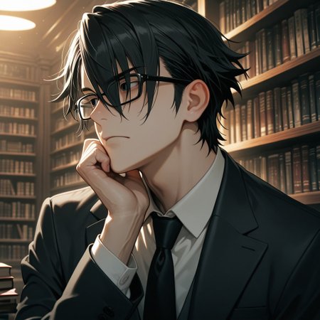 masterpiece, best quality, amazing quality, absurdres, newest, detailed background, definition so sharp, Ultra-HD, 8K cinematic, very awa, impressionate, amazing quality, highres, 
solo, male focus, manly, 
saruhikofushimi, saruhiko_black hair, saruhiko_black eyes, 1boy, short hair, glasses, looking at something off-screen, intrigued expression, hand on chin, suit, dim lighting, library, books, serious, intelligent, cool, charming