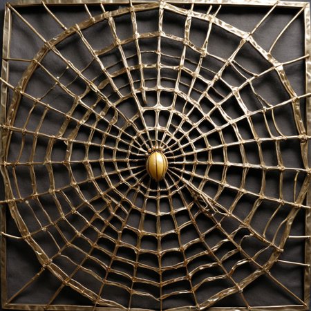 intricate industrial art depicting a Halloween faux spider web made of hammered brass