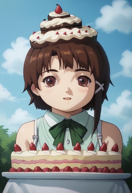 score_9, score_8_up, score_7_up, score_6, source_anime, lain, brown hair, ((light green camisole, green bowtie)), table, tartan tablecloth, ((bulimic, hungry, excited, swooning)), (((big giant fat wedding-cake, giant huge cake, enormous layered cake, tall cake))), cute, (chubby, chibi), close view, clouds sky background, outdoors, airborne