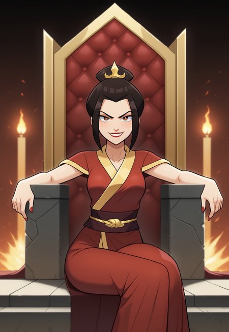 mangamaster, azula, avatar_legends, 1girl, black_hair, brown_eyes, sfw, sitting on a throne, regal pose, confident smile