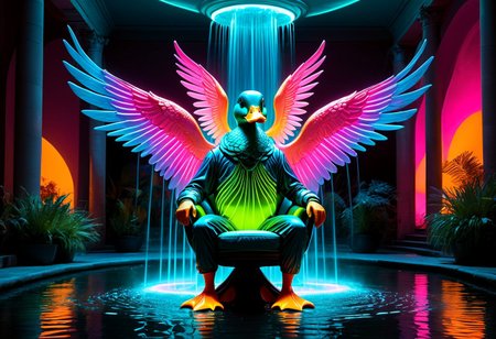Bioluminescent duck, (masterpiece, best quality, high quality, highres, ultra-detailed),  Surrealism, 8k, film photography, soft lighting, heavy shadow, (((neon color style))),  <lora:add-detail-xl:1>, upclose, Intricate. By Jean Baptiste Monge, (((neon))), (Ombre color scheme of neon orange, neon pink, neon blue, neon yellow, neon green), vibrant colors, psychedelic, full body, on chair, fountain background with turtles, pink wings, rainbow lamps, DuckiferXL