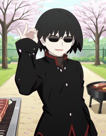score_9, score_8_up, score_7_up, source_anime, <lora:ougi-oshino-offmonster-ponyxl-lora-nochekaiser:1>, ougi oshino, short hair, bangs, black hair, black eyes, bob cut, empty eyes, white skin, anime screencap, shirt, long sleeves, school uniform, jacket, black jacket, sleeves past wrists, buttons, turtleneck, sleeves past fingers, gakuran, naoetsu high school uniform,, park, cherry blossoms, bench, gentle breeze, peaceful, running, open mouth, smile, <lora:salt-bae-ponyxl-lora-nochekaiser:1> salt bae, salt bae (meme), salt, springkling, meme, cooking, steak, sunglasses, mean, grilling, grill, frying pan, food, hand up,, looking at viewer, solo,, dutch angle, cowboy shot