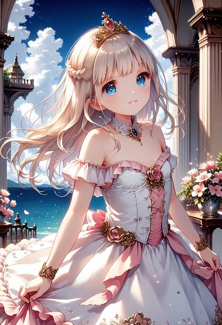 score_9, score_8_up, score_7_up, 1girl, ChiguchiMP, masterpiece, best quality, ultra high res, smiling, happy, (detailed eyes:1.2), there is a woman in a white dress, artwork in the style of guweiz, guweiz on pixiv artstation, guweiz on artstation pixiv, guweiz, fantasy art style, guweiz masterpiece, beautiful and elegant queen, beautiful character painting, detailed digital anime art, blonde - haired princess, White hair, sky blue eyes, pink lips