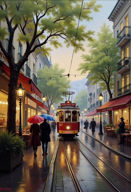 masterpiece, best quality,  A delightful impressionist oil painting in early 20th-century style, capturing a cheerful spring evening view from a cozy café window. The scene shows a charming European-style street bathed in the golden glow of sunset after a light rain. A vintage tram with warm yellow lights glides along glistening wet cobblestones, surrounded by playful reflections of streetlamps and shop signs. Lush greenery of chestnut trees with fresh spring leaves frames the composition, their foliage rendered in loose, vibrant brushstrokes. Passersby with colorful umbrellas add spots of red and blue to the scene. The palette combines soft spring greens, lilac twilight hues, and buttery yellows from artificial lights, with the rain depicted as delicate diagonal strokes. The overall mood is joyful and nostalgic, radiating the pleasant warmth of a summer-approaching evening. dilpntng, dismllfrt, a dilpntng style oil painting, <lora:Classic-Oils_v30-000029:1>