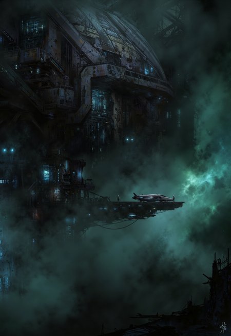 A digital painting in the style of ck-js, depicting a massive, derelict deep-space relay station, its dark metallic hull scarred and complex, intermittently flickering with faint neon blue emergency lights. It's half-shrouded in a dense nebula cloud. A sleek, modern exploration vessel is docked in sideview to a decaying gantry. On this precarious platform extending into the void, a lone figure in a sealed exploration suit stands silhouetted, peering into the swirling cosmic dust. The scene is dominated by deep blacks, cool greys, and the ghostly blue glow, with subtle hints of deep green within the nebula. The focus is on the contrast between the decaying, intricate machinery and the vast, indifferent emptiness of space.