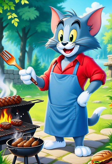 (Tom & jerry),Cartoon (Tom:1.35) cat  casual dresses,  grilling kebab, dirty shirt, thick red fur, nature