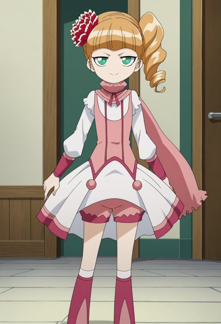 score_9, score_8_up, score_7_up, score_6_up, score_5_up, score_4_up , anime coloring ,BREAK source_anime, anime,screencap,
1girl, solo, ecarlate, hair flower, pink scarf, baseoutfit, pink shorts, dress, pink footwear, <lora:PonyXL Ecarlate DT V1:1>
indoors,
smile, looking at viewer,
