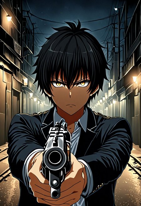high resolution, solo, best quality, 1Boy, Seiya Kanie, black hair, short hair, thin, portraits, midnight, dim street lights, mysterious, threatening, gun, aiming the gun to the viewer, OverallDetail