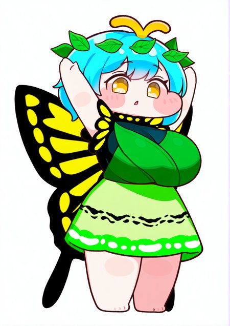 <lora:Trickcal_REVIVE:1.2>,1girl, eternity larva, huge breasts, chibi, antennae, aqua hair, arms up, barefoot, butterfly wings, dress, fairy, full body, green dress, insect wings, leaf, leaf on head, multicolored clothes, multicolored dress, parted lips, short hair, short sleeves, solo, wings, yellow eyes,  very awa, masterpiece, best quality,highres, absurdes,amazing quality