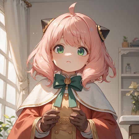 score_9,score_8_up,score_7_up,score_6_up,score_5_up,score_4_up,1girl,anya forger,anya (spy x family),bangs,green eyes,pink hair,ahoge,child,female child,hairpods,<lora:Expressive_H:1>,solo,gloves, long sleeves, ribbon, brown gloves, capelet, robe,