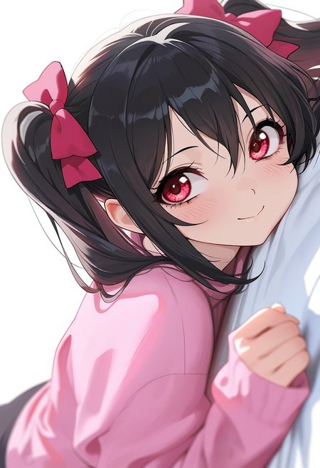 Type_TRP, (masterpiece), (best quality), (ultra-detailed), very aesthetic, high resolution, perfect composition, intricate details, absurdres, newest, extremely detailed eyes, beautiful, perfect lighting, hi res, amazing quality, very awa, painting_(artwork), dynamic angle, dynamic pose, 1girl, yazawa nico, black hair, red eyes, twintails, hair bow, lying, smile, long sleeves, looking at viewer, pink sweater, red bow, sleeves past wrists, on stomach, bangs, closed mouth, blush, bed sheet, looking to the side, upper body
