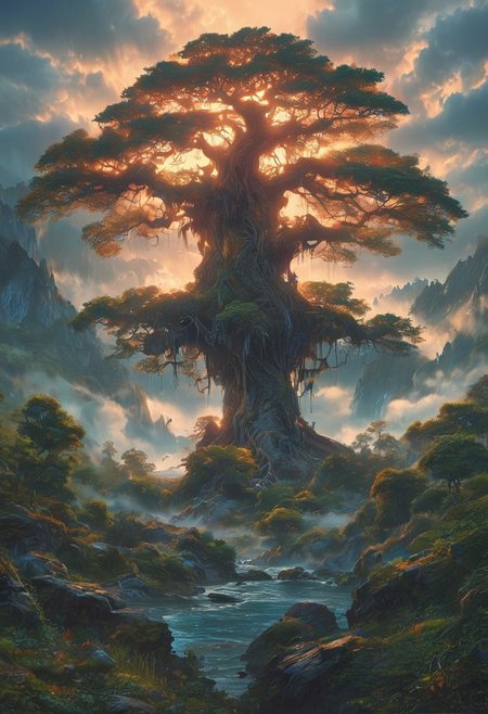 A captivating night scene illustration featuring a large wonderous magical tree overlooking a lake in the Smokey Mountains of Appalachia. The great is ancient but well strong and powerful.  This enchanting artwork captures a serene and peaceful early morning, where the sun is just starting to rise over the beautiful smokey mountains and tree which   stands resolute amidst the forest, creating a cinematic experience., illustration, cinematic
<lora:DonM3t3rn1tyXL-v1.1:0.7>, DonM3t3rn1tyXL,
OverallDetailXL  <lora:MJ52:0.3>  <lora:SDXLFaeTastic2400:0.4>  <lora:EpicF4nta5yXL:0.7>