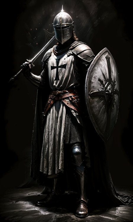 highly detailed, UHD, HDR, ((masterpiece, best quality)), absurdres, solo, (screencap), 
Holy, Religious themes, Christianity, radiant, Dark Fantasy, glowing light eyes,
 <lora:Dark_Knight:0.8> armor, helmet, weapon, solo, sword, full armor, holding weapon, holding, shoulder armor, gauntlets, knight, pauldrons, 1boy, male focus, holding sword, cape, chainmail, standing, holding shield, 
 <lora:- SDXL - vant_blk_contrast_V2.0:0.8> shadows, atmosphere,
 <lora:zavy-cntrst-sdxl:0.8> dark, chiaroscuro, low-key,