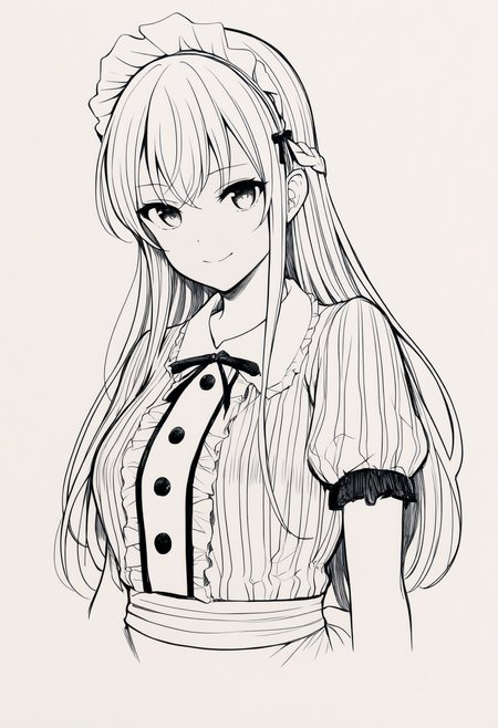 masterpiece, best quality, 1girl, solo, Makuzawa0uka, long hair, braid, maid headdress, black ribbon, striped dress, center frills, puffy short sleeves, white apron, portrait, greyscale, monochrome, lineart, sketch, graphite \(medium\), traditional media, looking at viewer, three quarter view, smile, simple background, cropped torso, <lora:ChamMakuzawaOukaNoob:1>