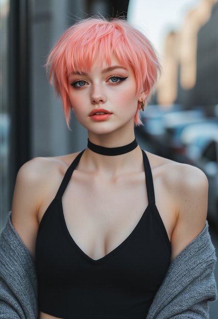 FictionalPeach, punk girl with short pink hair. thumbs up, ((smiling))